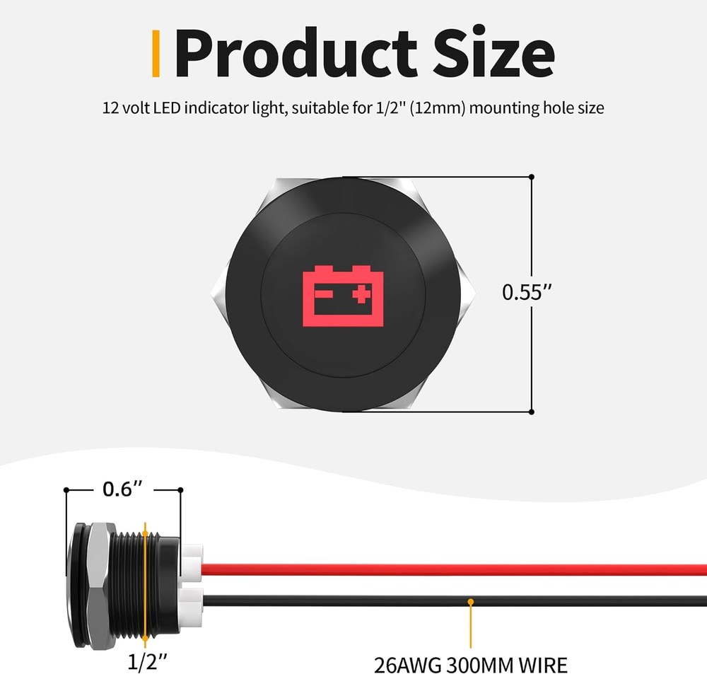 12V LED Indicator Light Small Indicator Light Waterproof 1/2" Panel Cutout 12 Vo