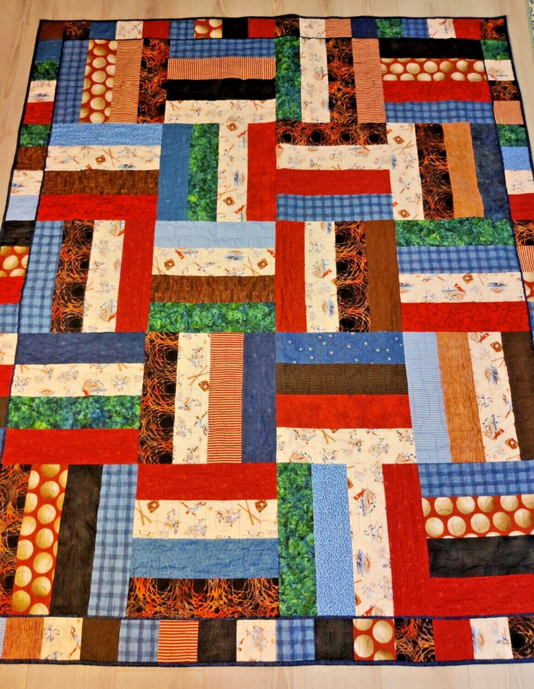 Patchwork Quilt Throw Blanket Handmade Machine Stitched/Baseball Theme 65x79