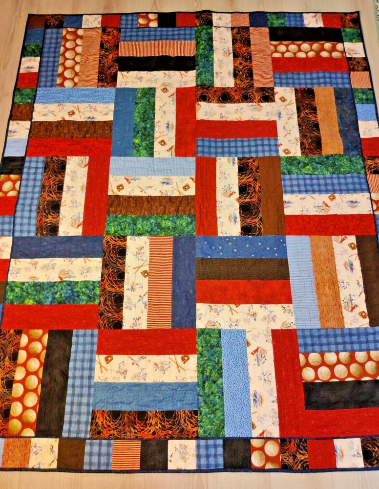 Patchwork Quilt Throw Blanket Handmade Machine Stitched/Baseball Theme 65x79