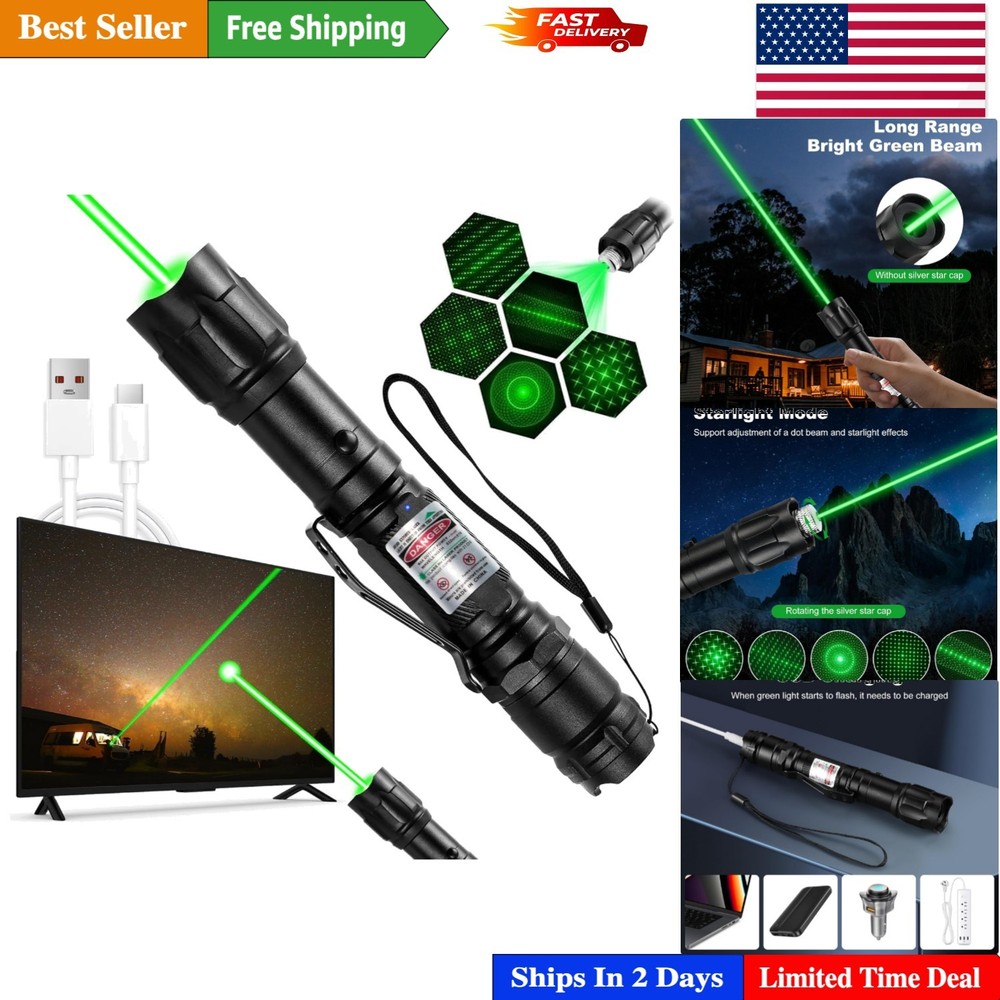 Rugged Green Laser Pointer - Long Range with USB Charging and Adjustable Light