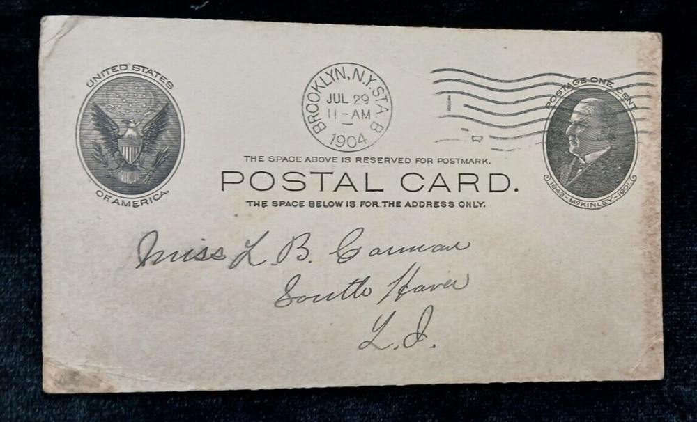 Postal Card, US Black McKinley One Cent Printed-On Postage, Postmark c1904