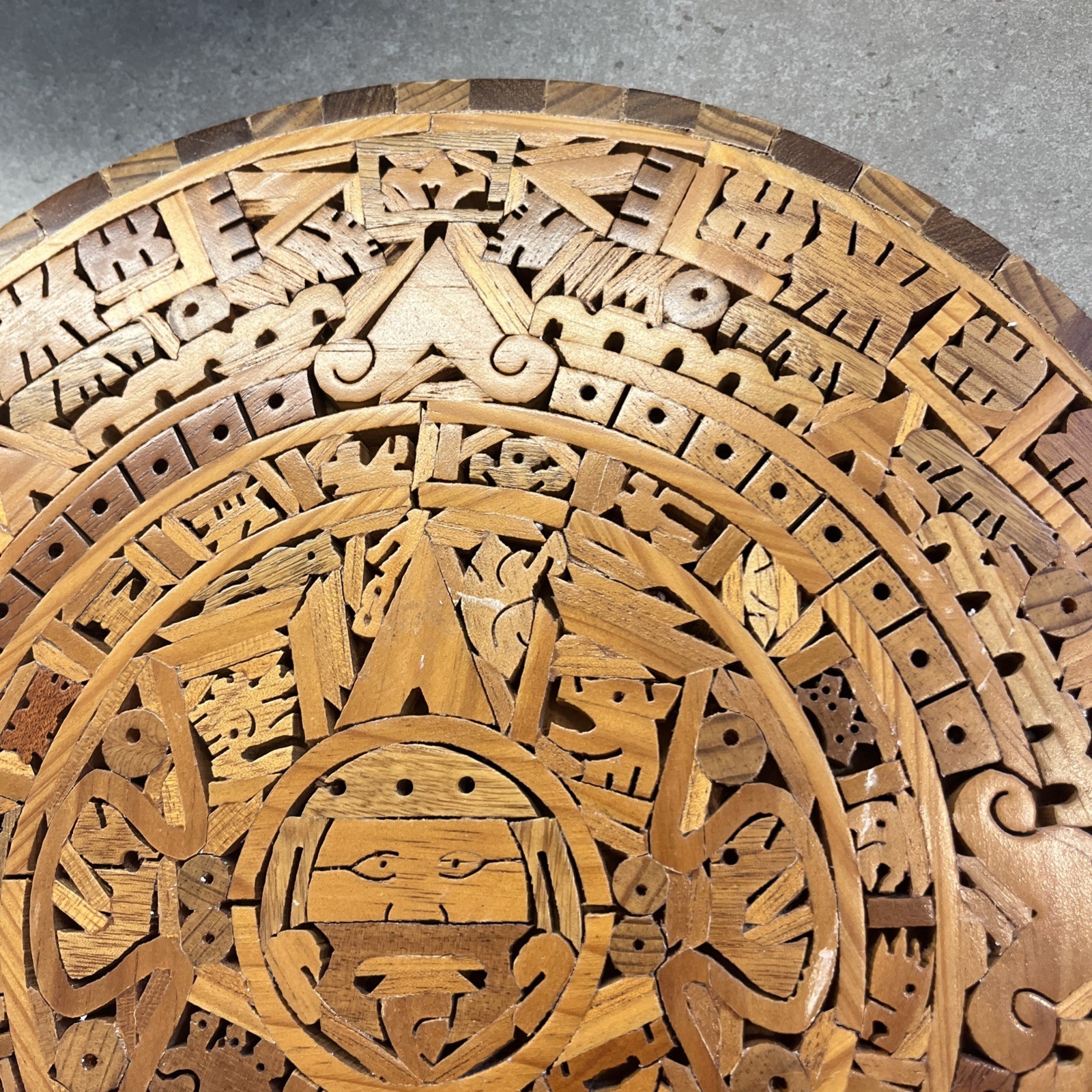Vintage Aztec Mayan Calendar Mexico Inlaid Wall Hanging 13” Solid Wood