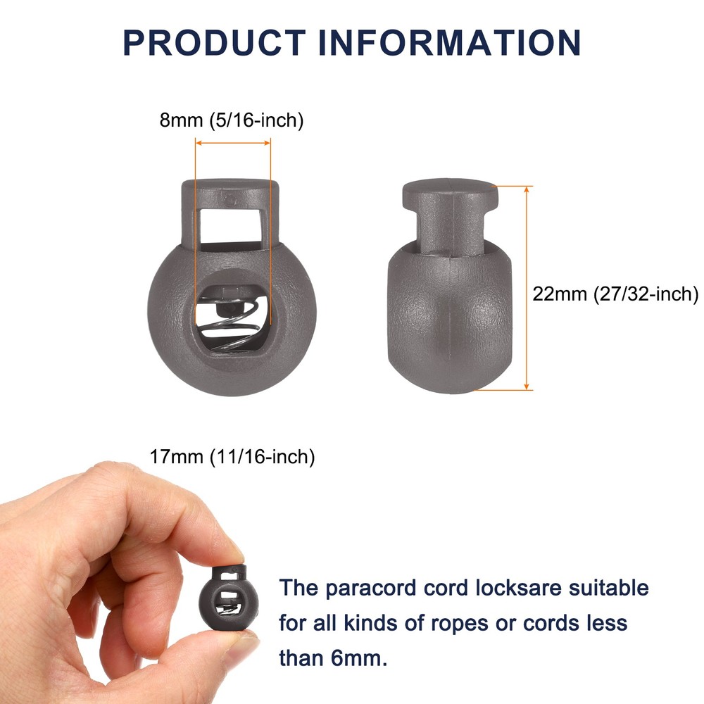 50pcs Cord Lock Single Hole Spring Toggle Stopper for Drawstring, Gray