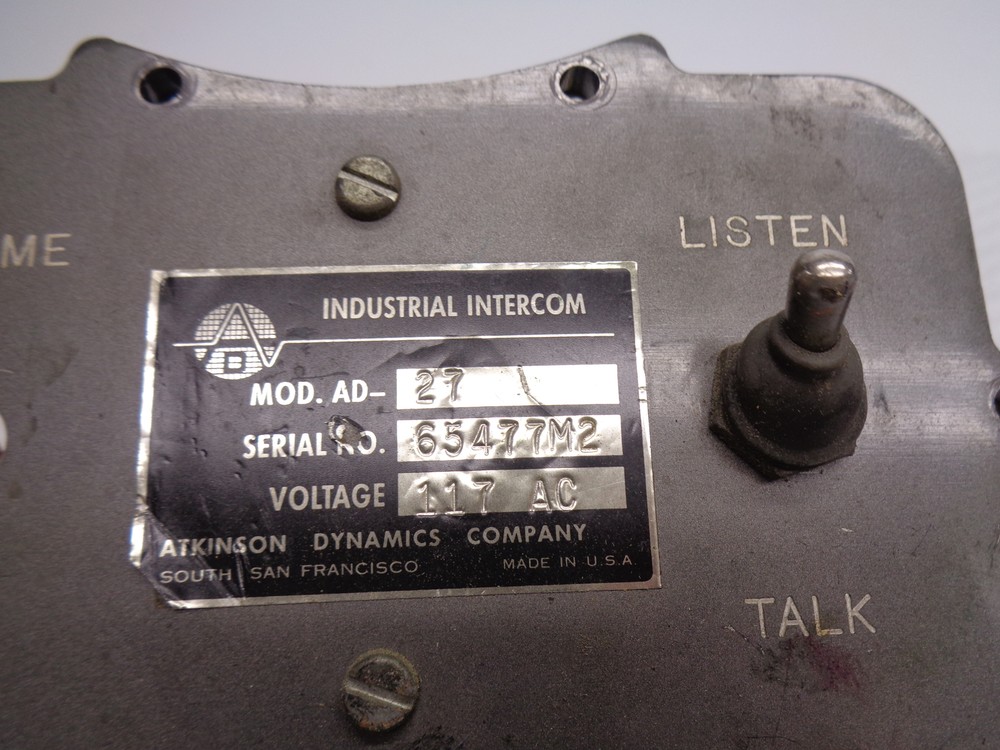 ATKINSON DYNAMICS AD-27 INDUSTRIAL INTERCOM (AS PICTURED) UNMP