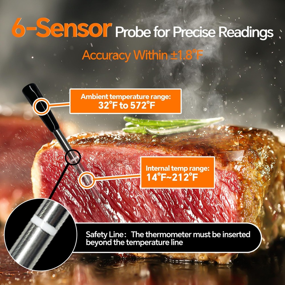 Wireless Meat Thermometer Digital with Bluetooth App Control, Rechargeable Gr...