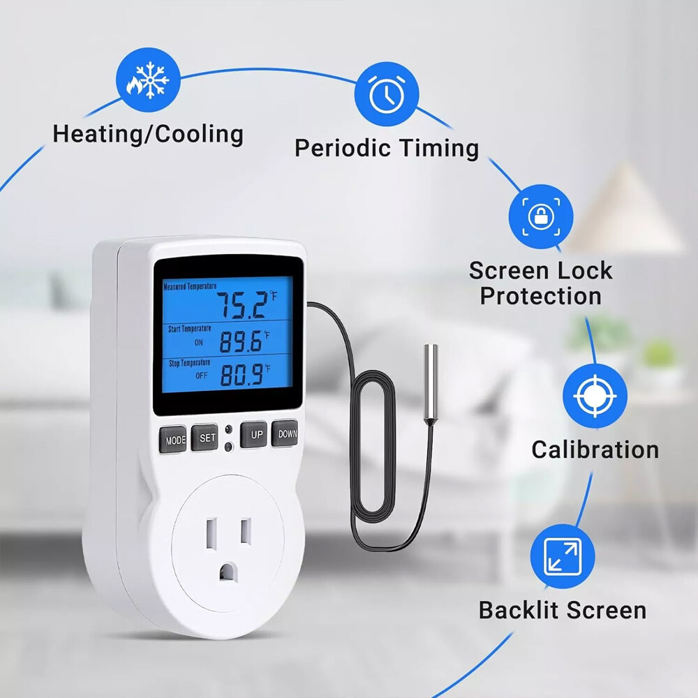 Digital Thermostat Outlet Plug Temperature Controller Heating Cooling w/ Probe W