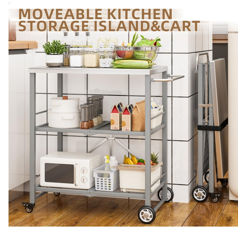 Outdoor Grill Cart Table Stainless Steel Pizza Oven Stand Trolley Table w/ Wheel