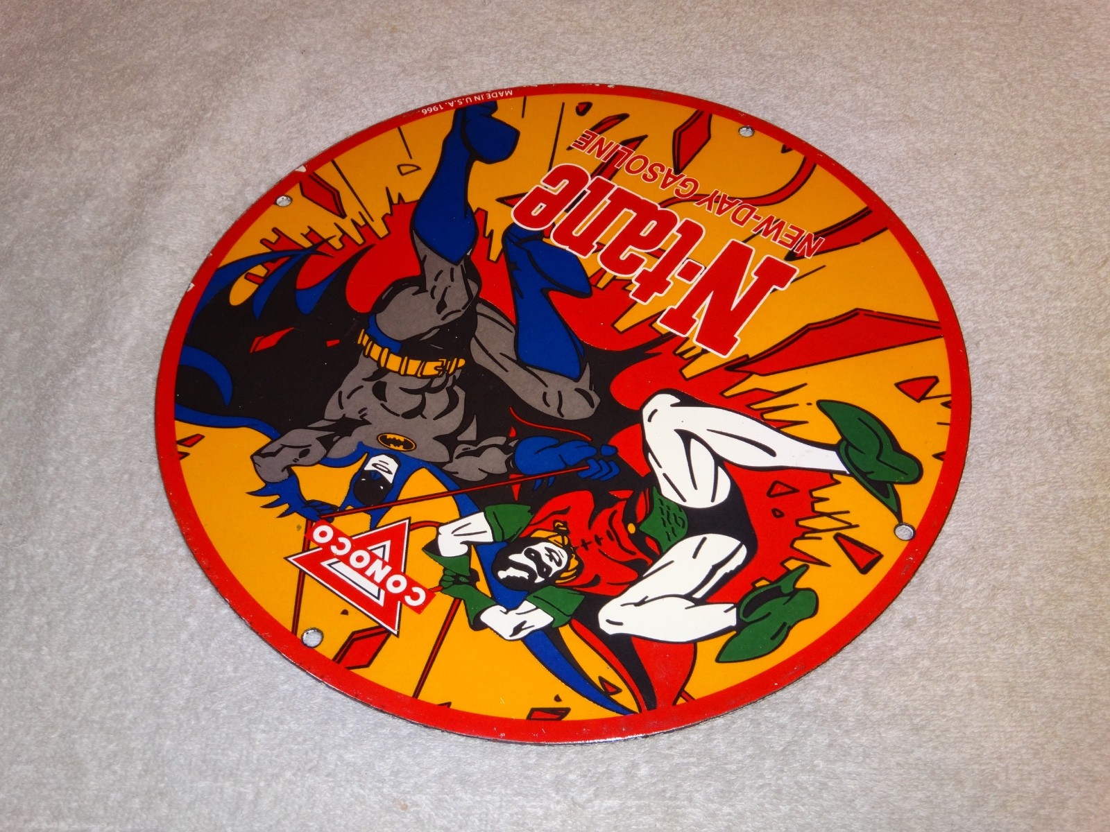 VINTAGE 1966 CONOCO GASOLINE W/ BATMAN & ROBIN 11 3/4" PORCELAIN METAL OIL SIGN!