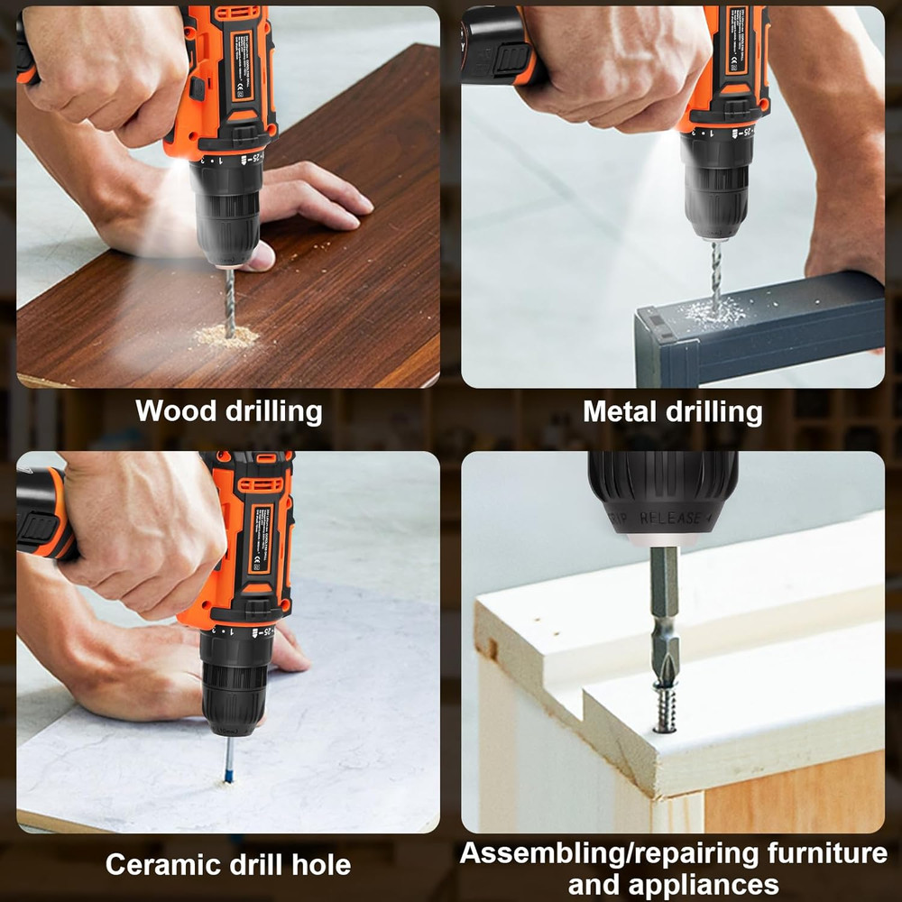Cordless Drill Driver Set 12V,3/8"Keyless Chuck Battery Drill Kit,2 Variable Spe