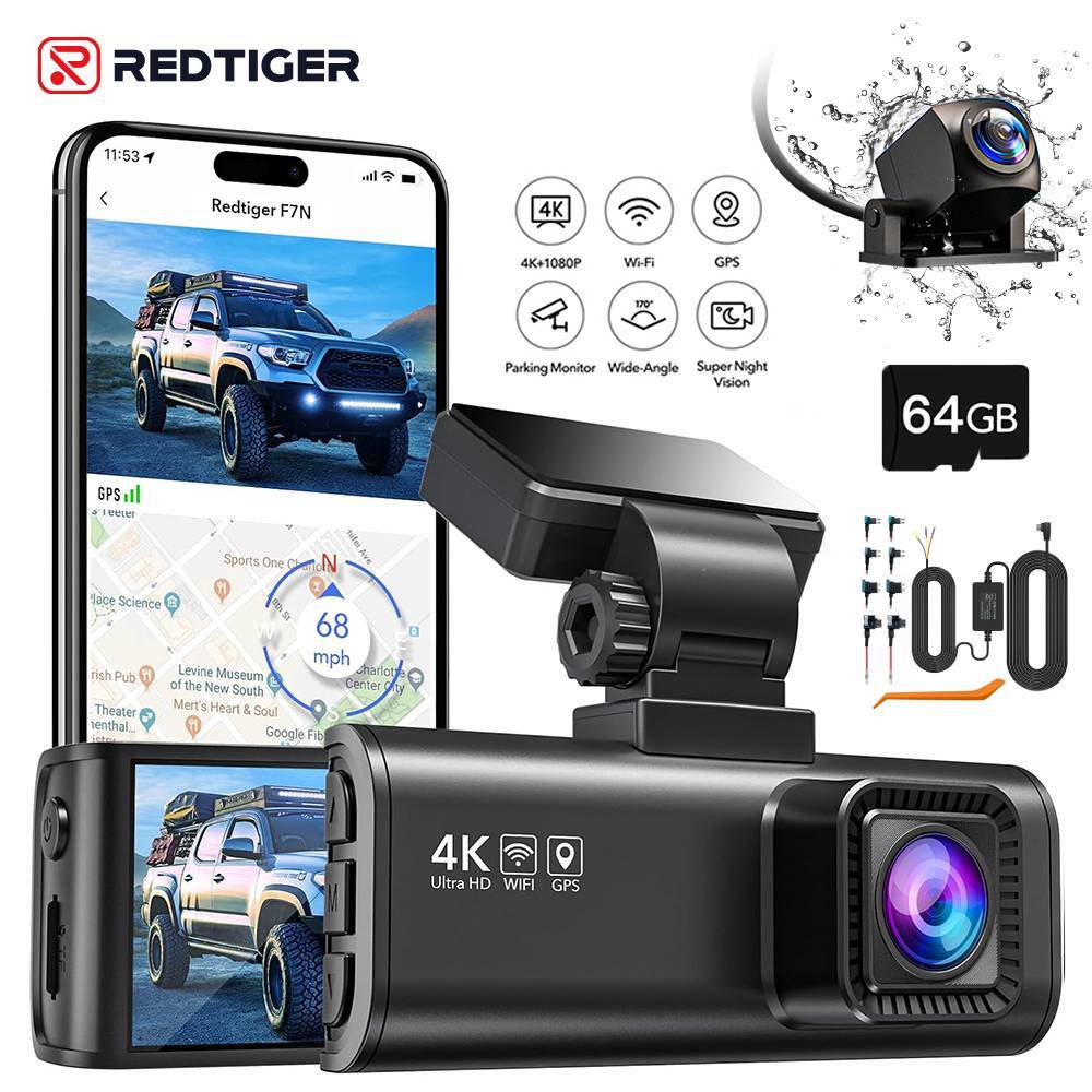 REDTIGER F7N Dash Cam Front and Rear Dash Cam 4K With 64GB Card and Hardwire Kit