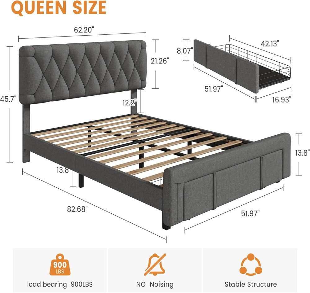 🔵Modern Upholstered Queen Size Bed Frame with Button Tufted Headboard Drawers