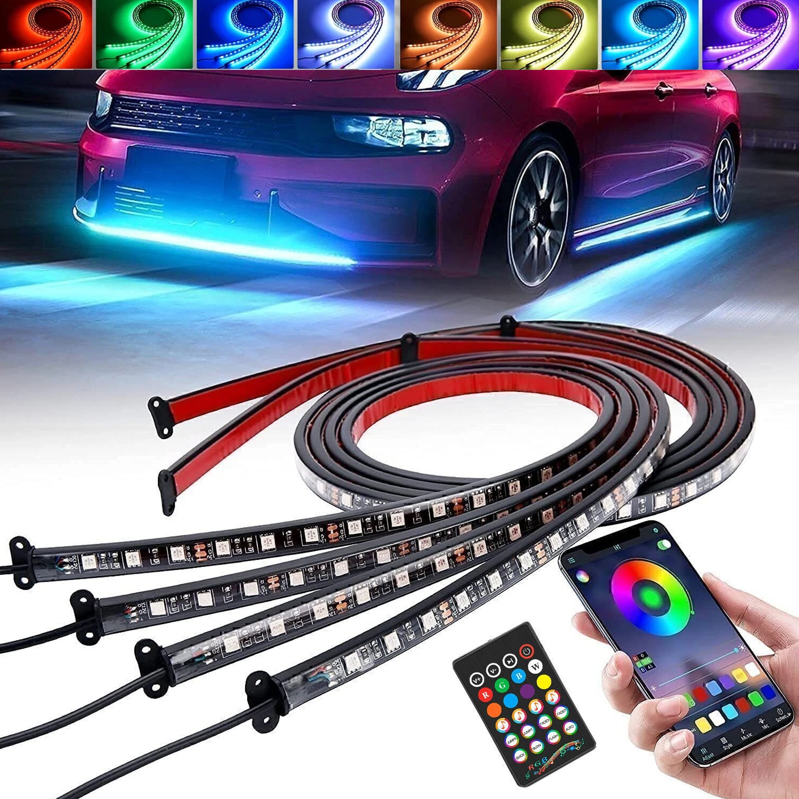 4 Pack RGB Under Car Strip Light Kit LED Neon Tube Underglow Underbody System