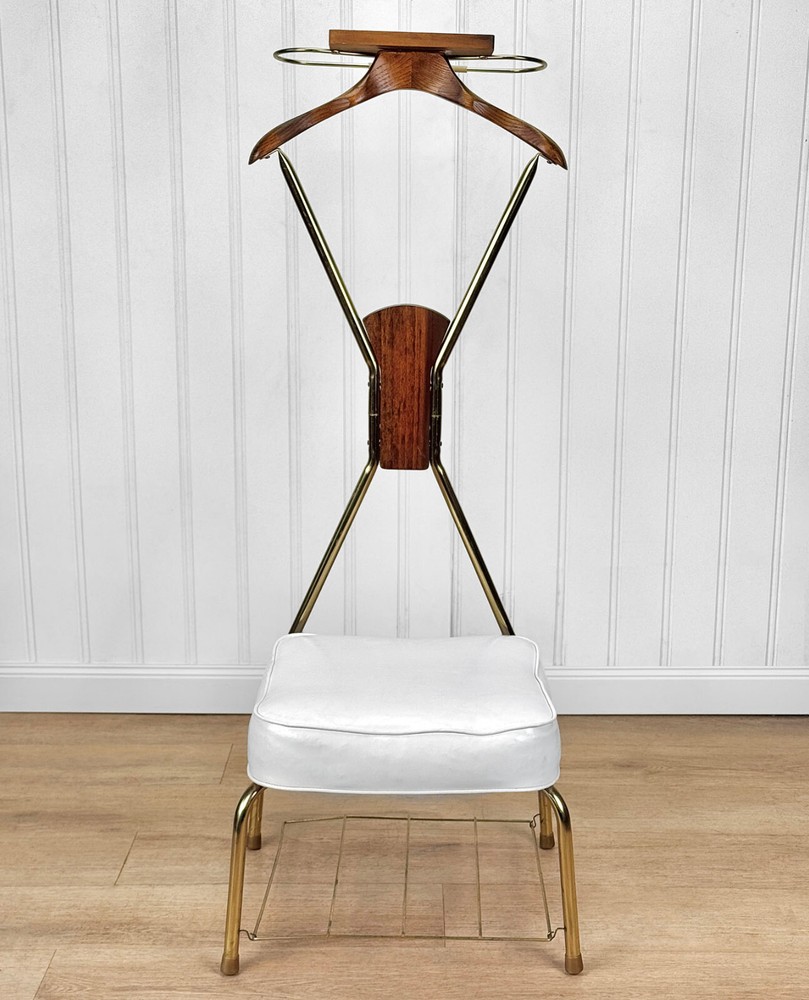 Mid-Century Atomic Teak & White Upholstered Wardrobe Valet Seat