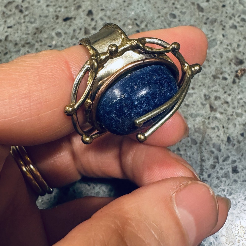 Blue stone artisan abstract adjustable, scroll wrap metal work copper/brass ring