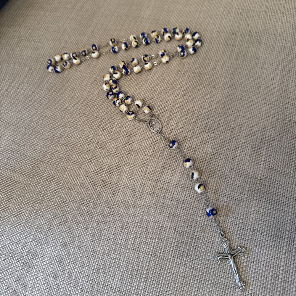 St. Franciscus Pp Vatican Floral Blue Gold Ceramic Rosary Catholic Prayer Beads