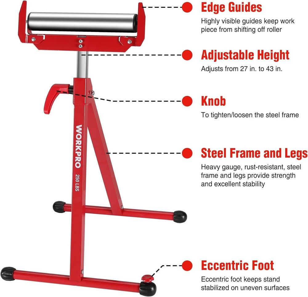 WORKPRO Folding Roller Stand Height Adjustable Heavy Duty 250LB Load Capacity US