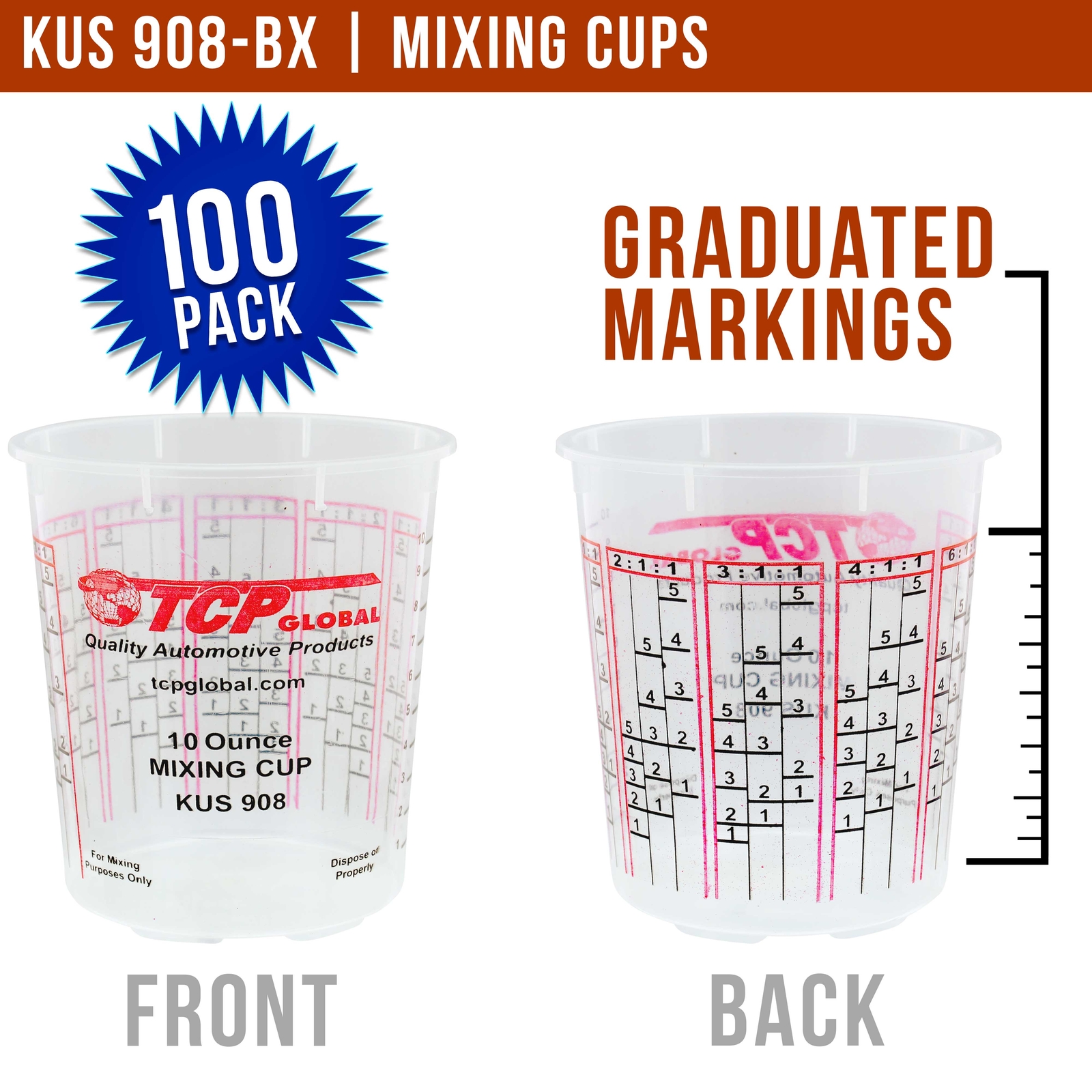 8-Ounce (1/2 Pint) Paint & Epoxy Mixing Cup Calibrated Ratios - 100 Cups/12 Lids
