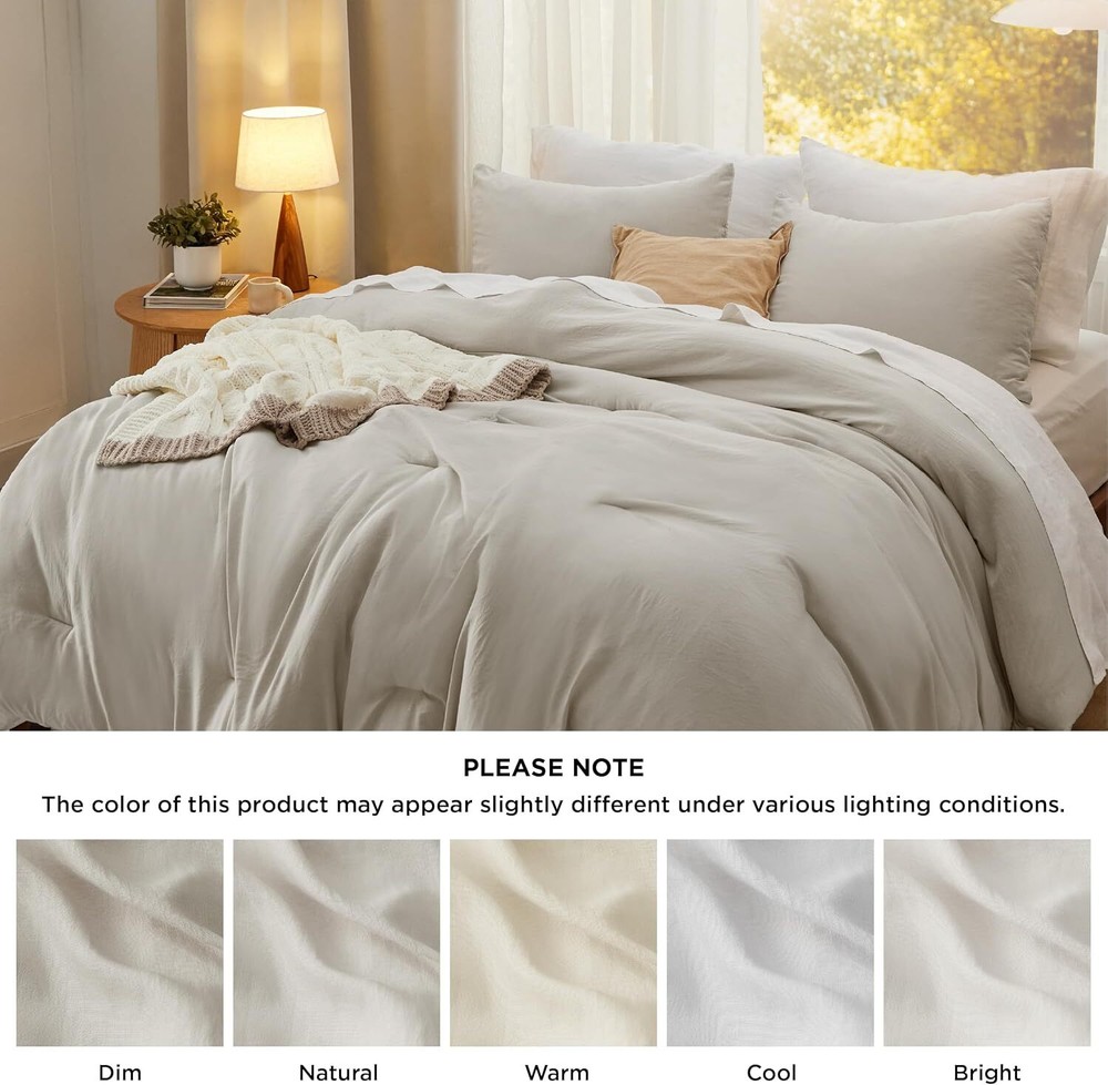 Queen Size Comforter Set, Beige Soft Pre-Washed Bedding Comforter Set, 3 Piece