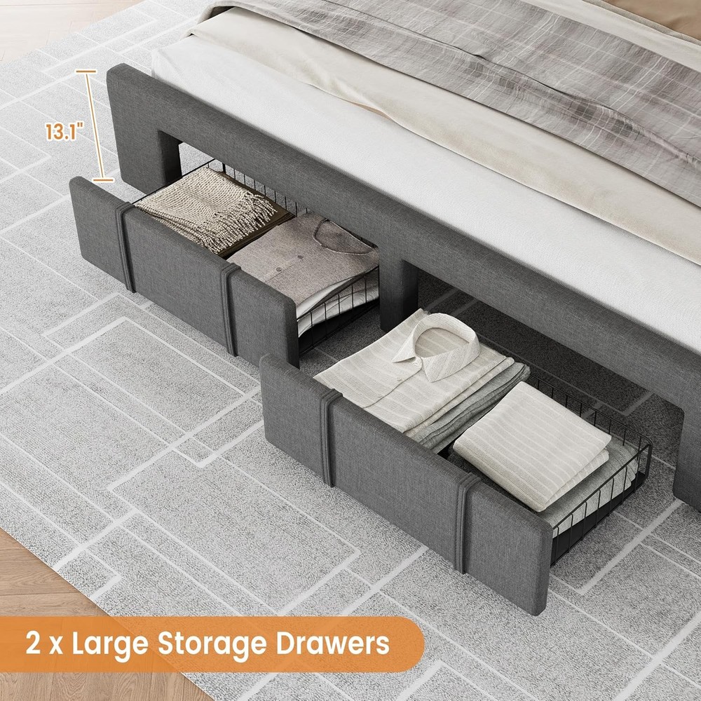 🔵Modern Upholstered Queen Size Bed Frame with Button Tufted Headboard Drawers