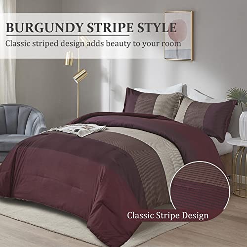 Comforter Set Reversible Stripe Down Alternative Comforter for Queen Burgundy