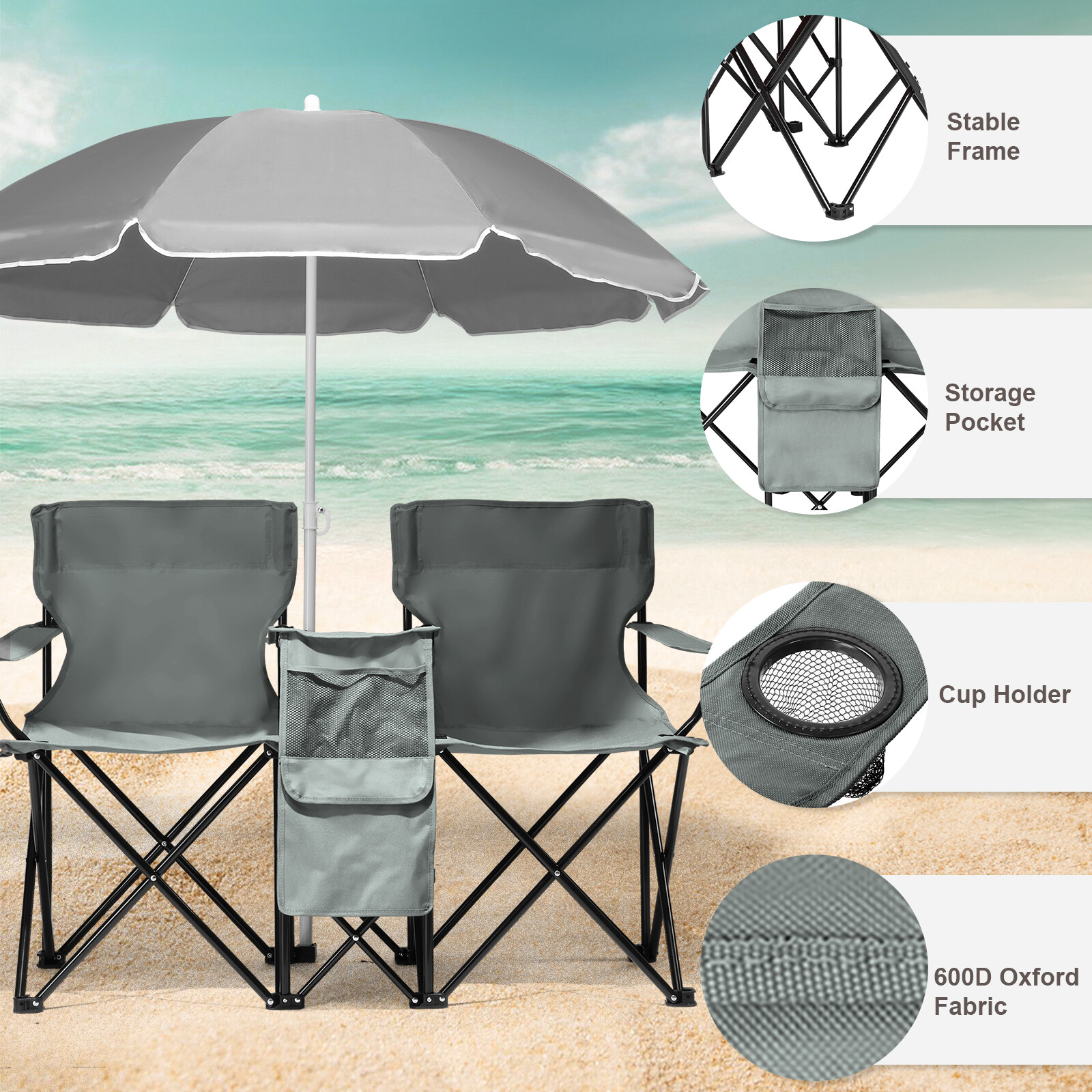 Double Folding Chair Picnic Cooler Camping Beach with Removable Sun Umbrella
