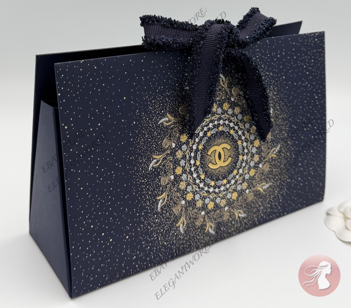 CHANEL Origami Signature DARK BLUE GIFT BOX w/ Ribbon & Tissue 8.75" x 5.5" x 3"