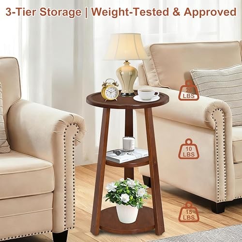 3-Tier Round Side Table, Solid Wood End Table & Nightstand for Small Red Brown