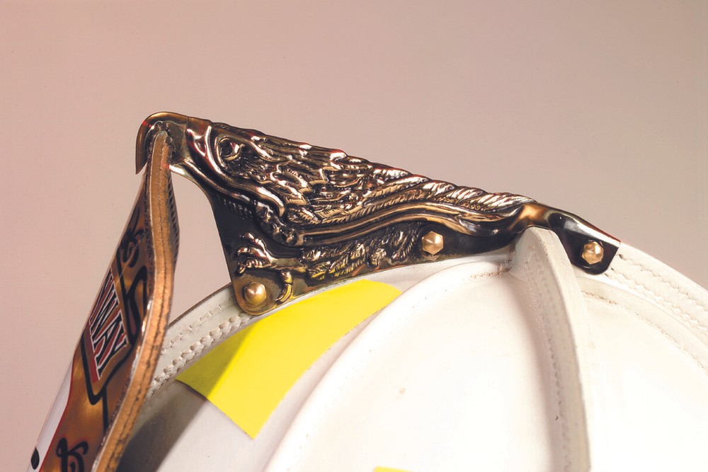 Brass Eagle fire helmet finial with integrated Brass Rear cap