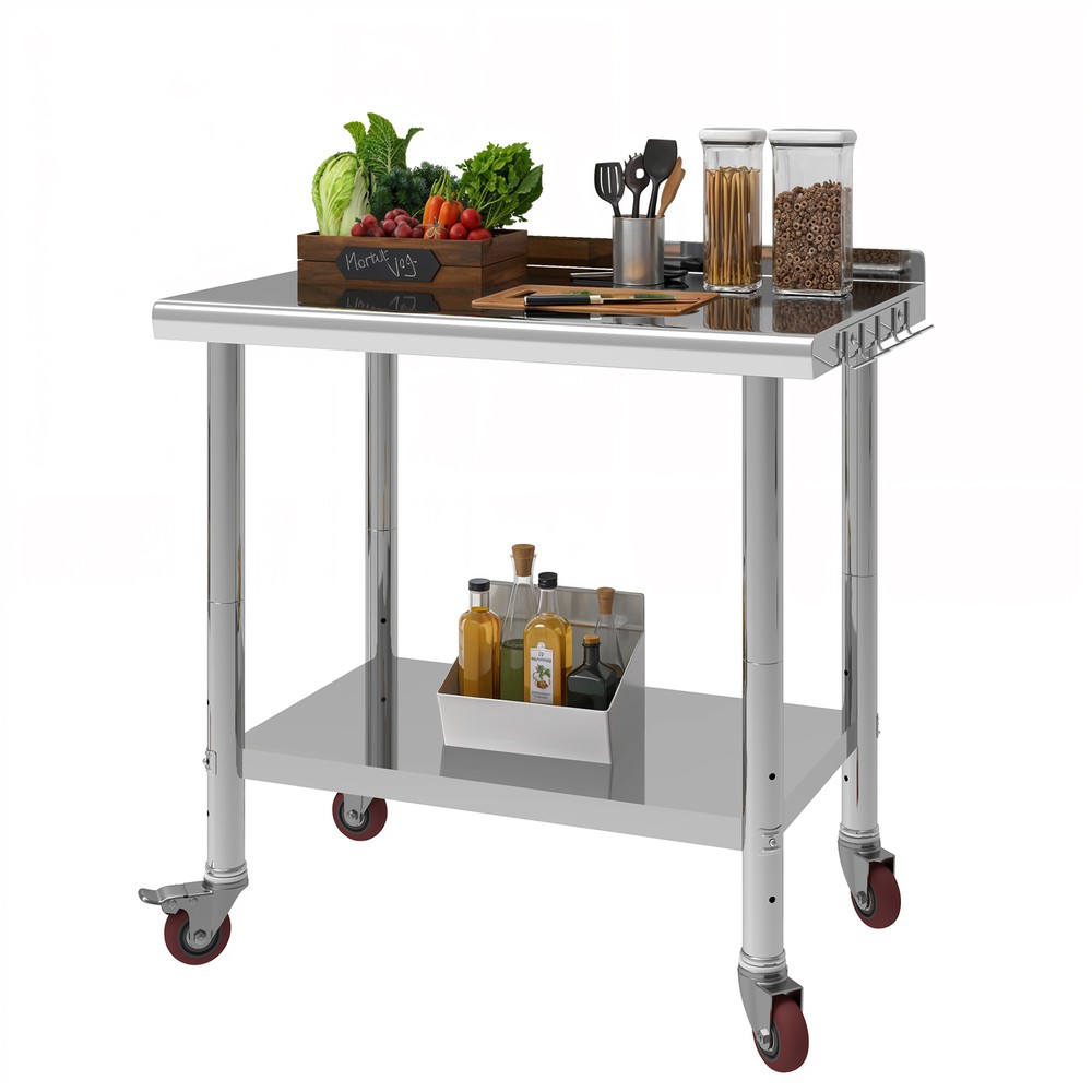 Rolling Work Table Stainless Steel Undershelf Kitchen Prep Backsplash Side Hooks