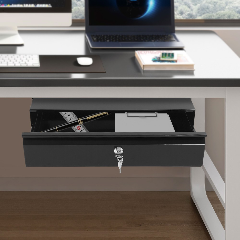 Sliding Pull-Out Drawer Under Desk Organizer with Lock for Office - Black