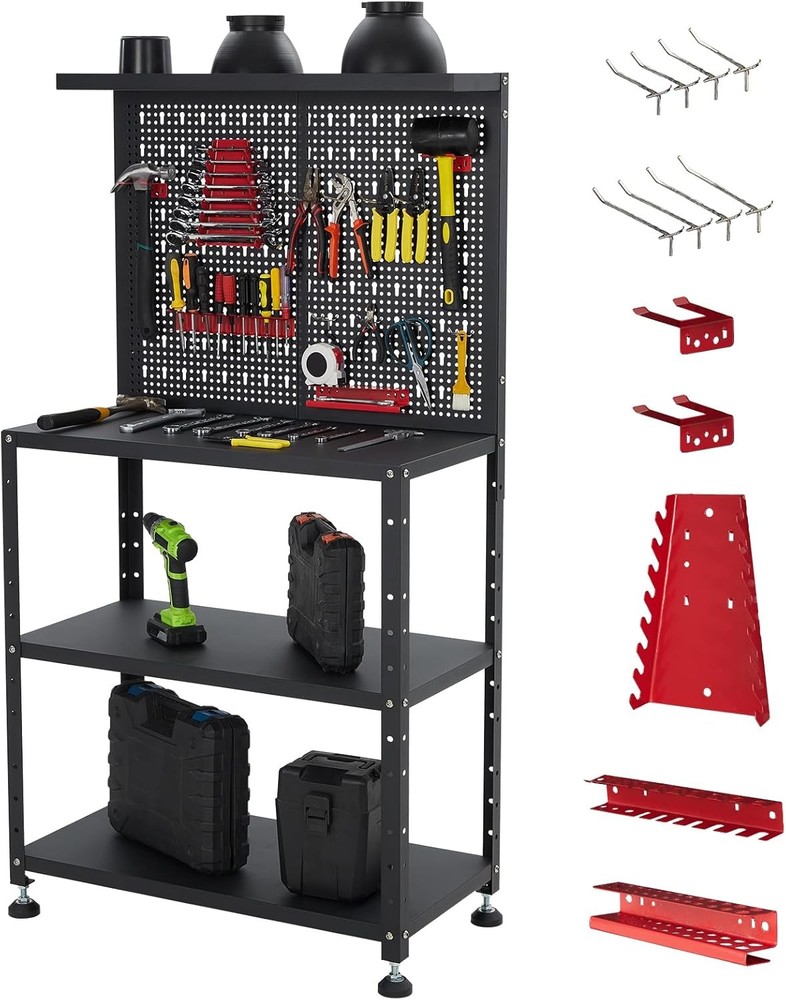 Multi-use Workbench w/ 2 Shelves Heavy-Duty Work Table Tool Storage Bench Black