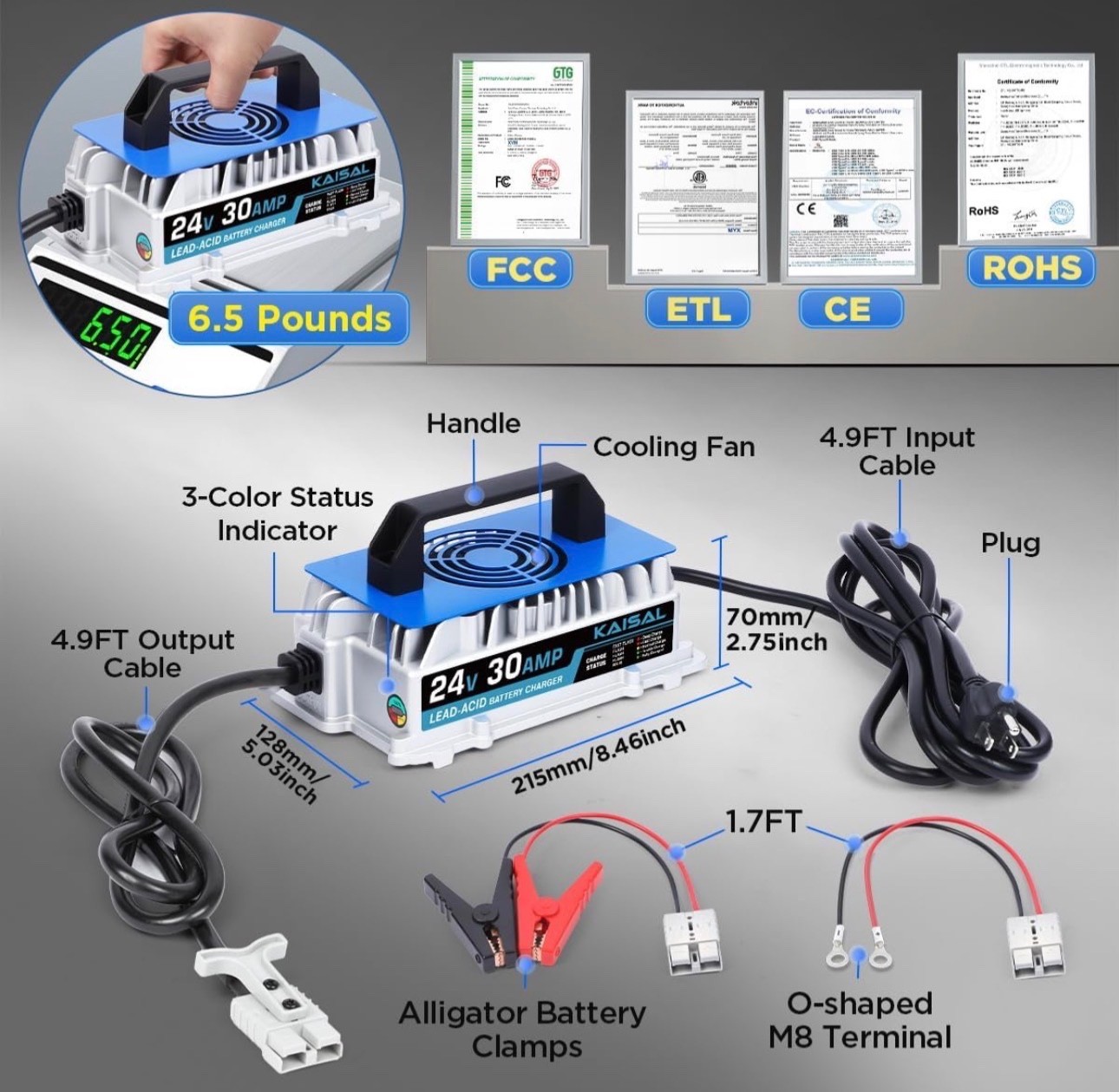 24V 30A Scissor Lift Lawn Mower 1250W Forklift Battery Charger IP67 Waterproof