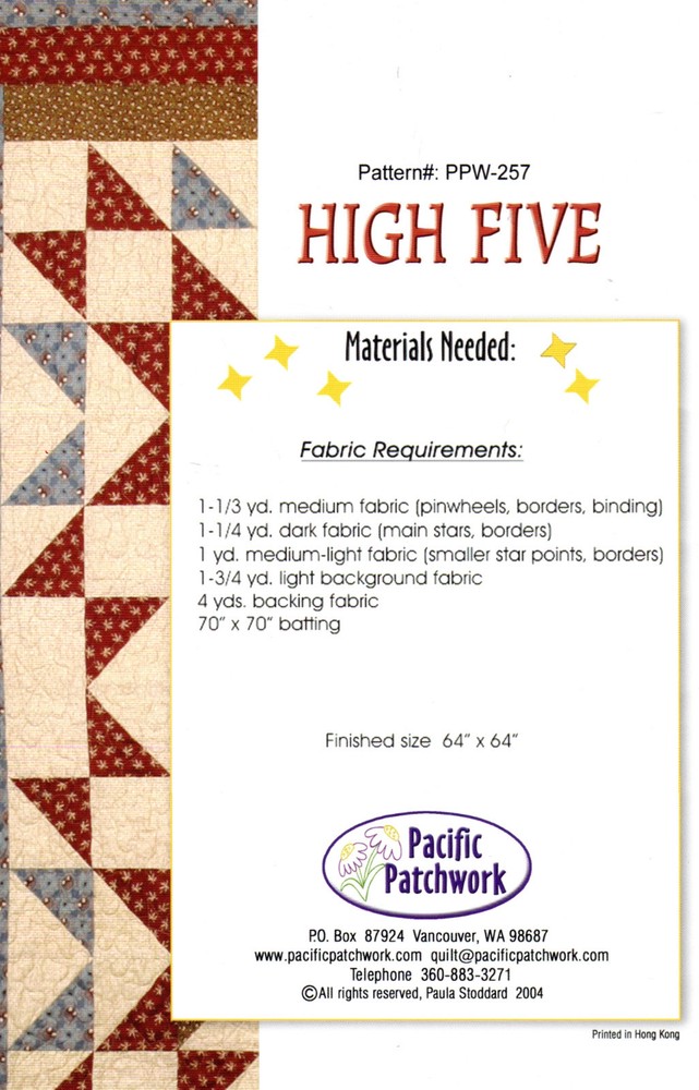 2004 UNCUT Pacific Patchwork Quilting Sewing Applique Pattern PPW-257 "High Five