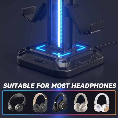 RGB Headset Stand with 9 Light Modes - Controller Holder for Desk - Black