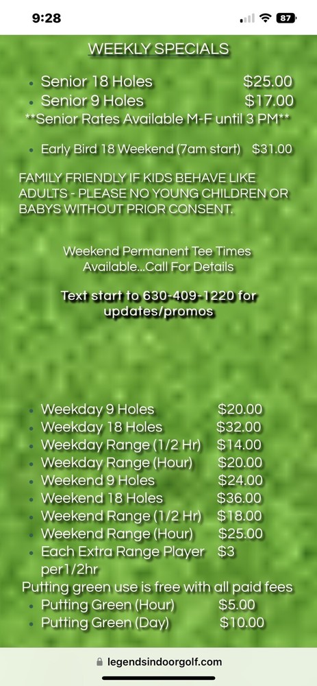 Legends Indoor Golf Gift Certificate. $50 Value