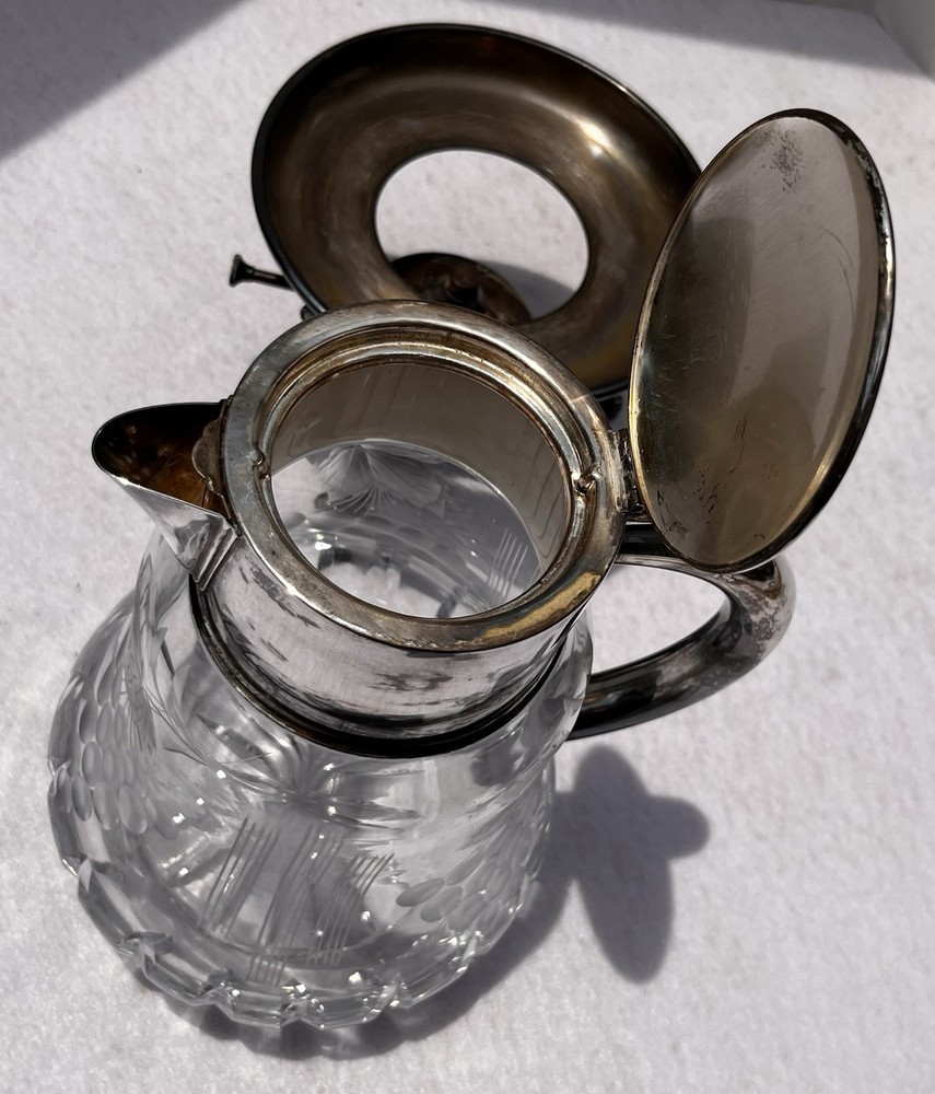 Vintage Cut Glass Pitcher Silverplate Stand Burner Grapes Pattern 11” Great