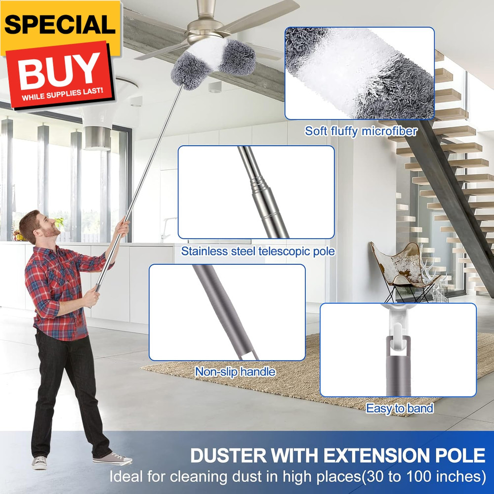 Microfiber Duster Kit (11PCS) - Washable Dusters with Extension Pole (30 to 100