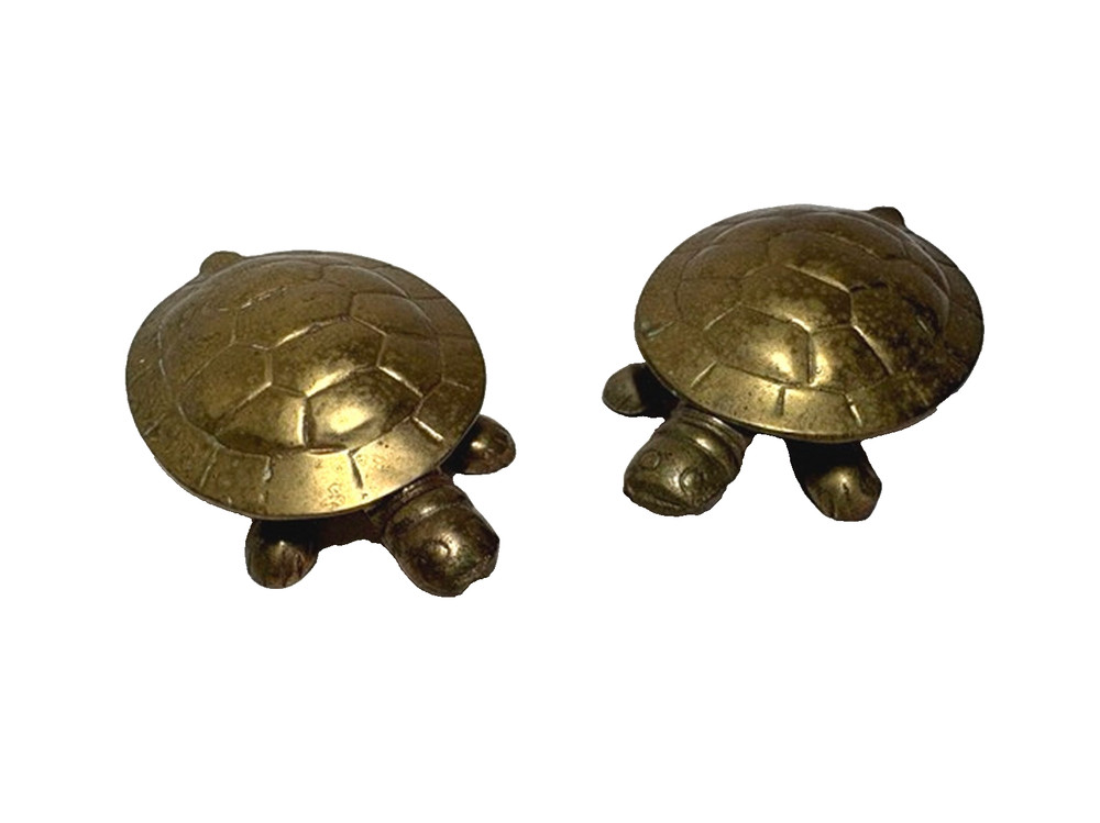 Two Vintage Brass Turtle Containers with Hinged Shell Lid Trinket Boxes