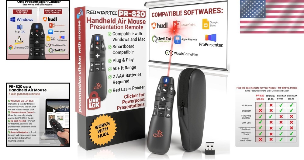 Wireless Presentation Clicker Air Mouse Laser Pointer 50ft RF Mac/PC