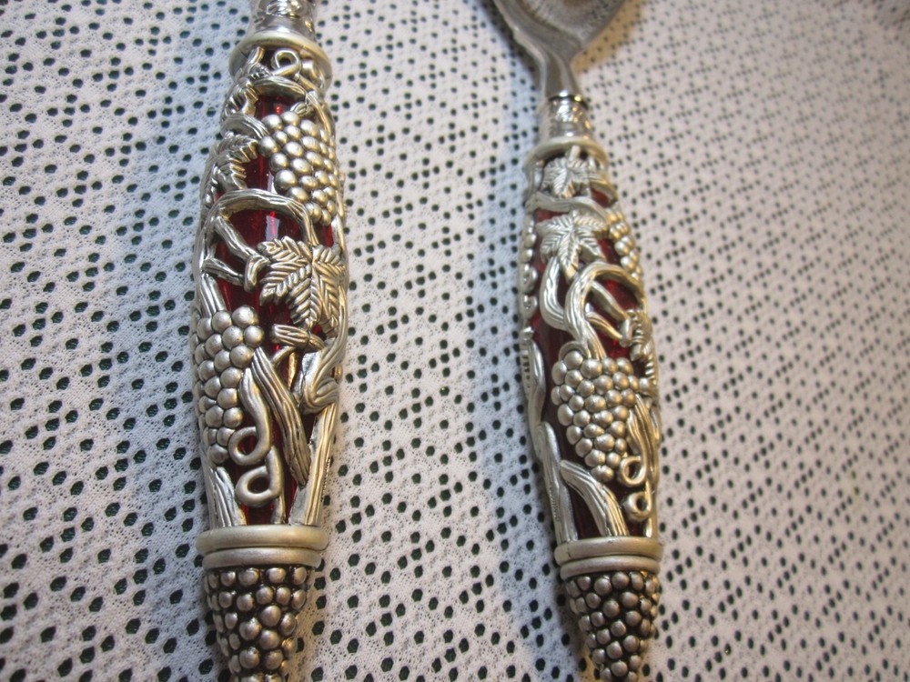 Neiman Marcus Silver Plate 2 Piece Ruby Red Handle Godinger Serving Spoon Fork