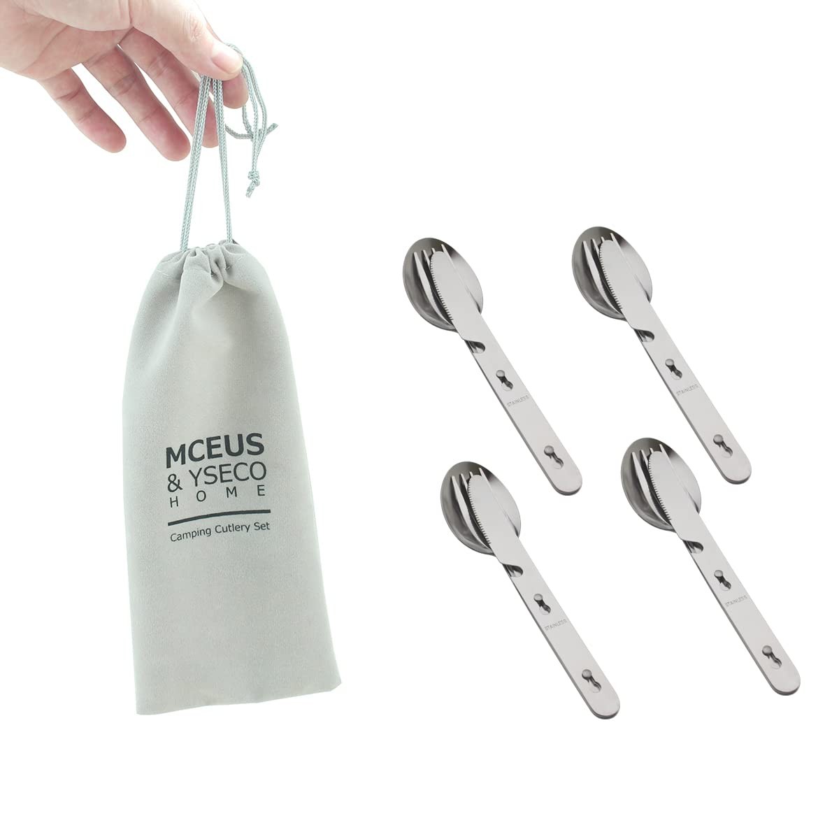 4-in-1 Camping Utensil Set for 4 Stainless Steel Spoon Fork Knife Bottle Opener