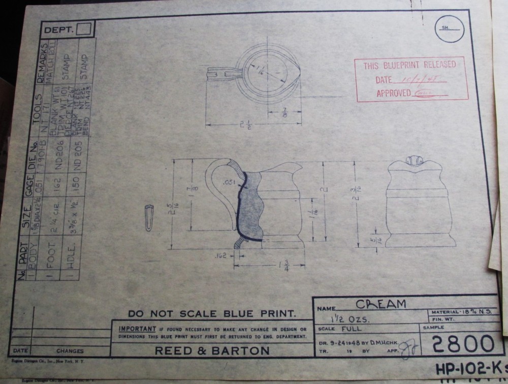 1948 Reed & Barton 22 Restaurant Silver Plate Blue Prints