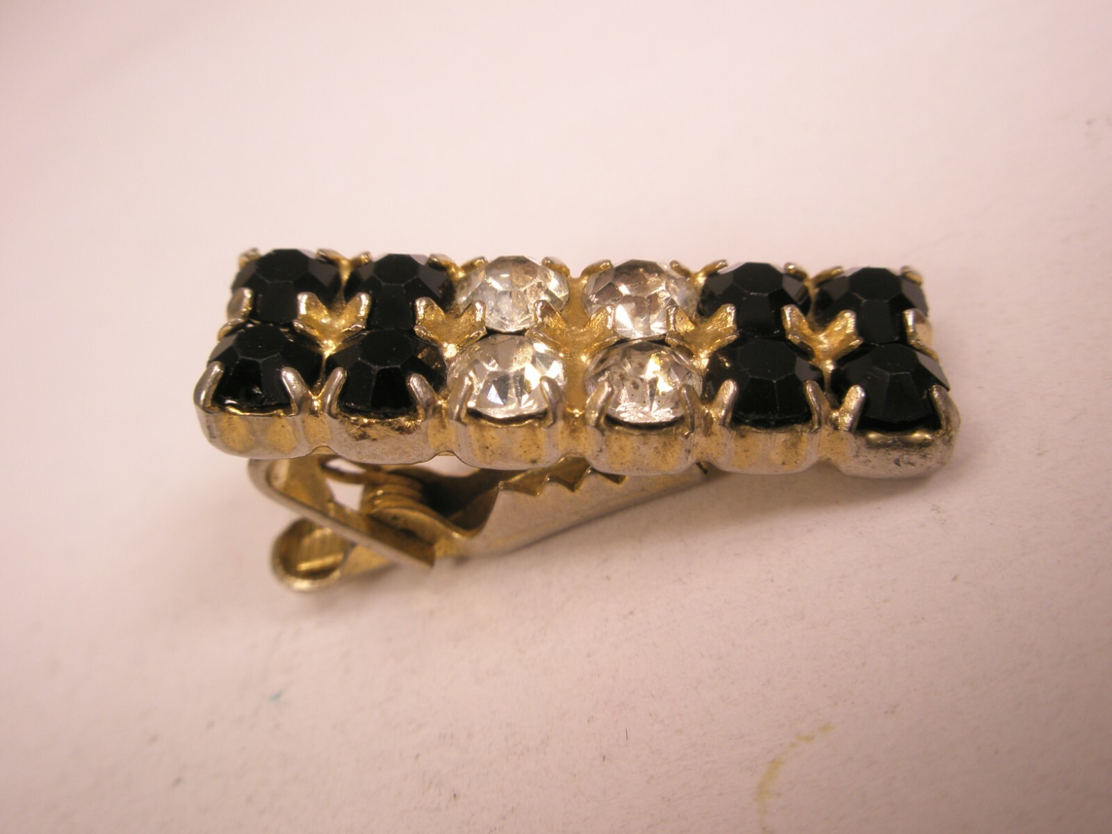 1" wide Black & White Rhinestone Quality Vintage TINY SMALL Tie Bar Clip