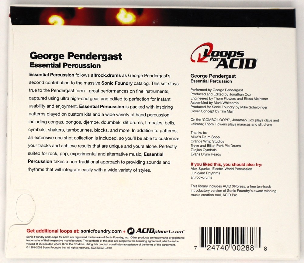 Sonic Foundry Essential Percuss Loops For Acid Sample/Sound Library/Sampling CD