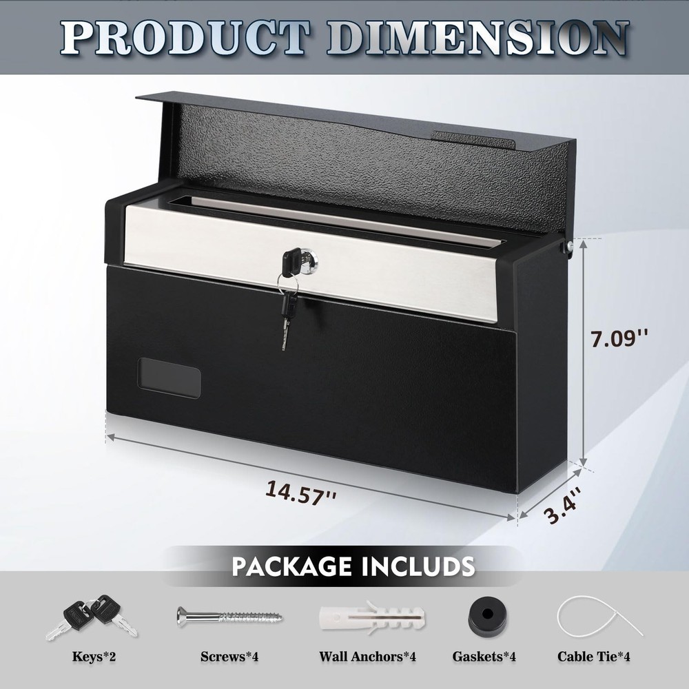 xydled Mailbox with Key Lock, Locking Wall Mount Mail Boxes for Outside, Stee...