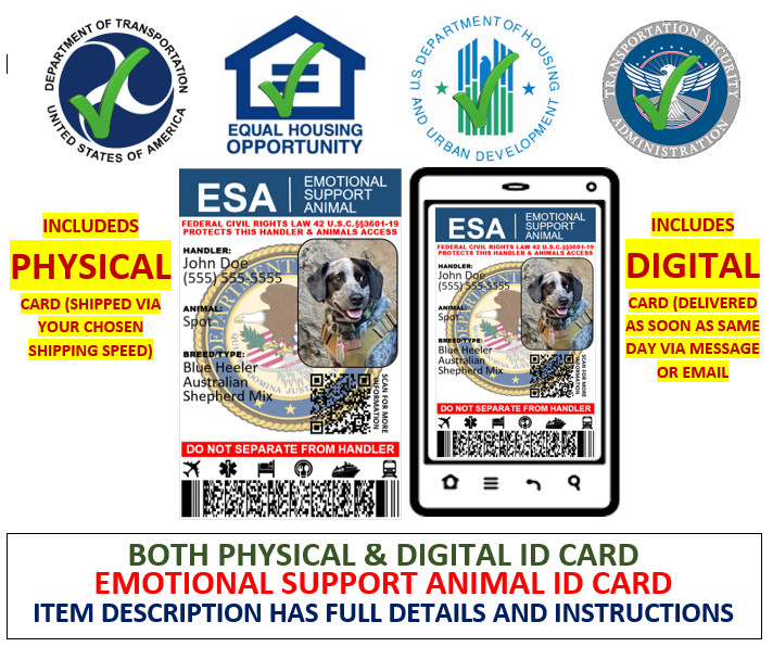 ADA EMOTIONAL SUPPORT ANIMAL ID CARD ESA PLASTIC PVC DUAL-SIDED CUSTOMIZABLE