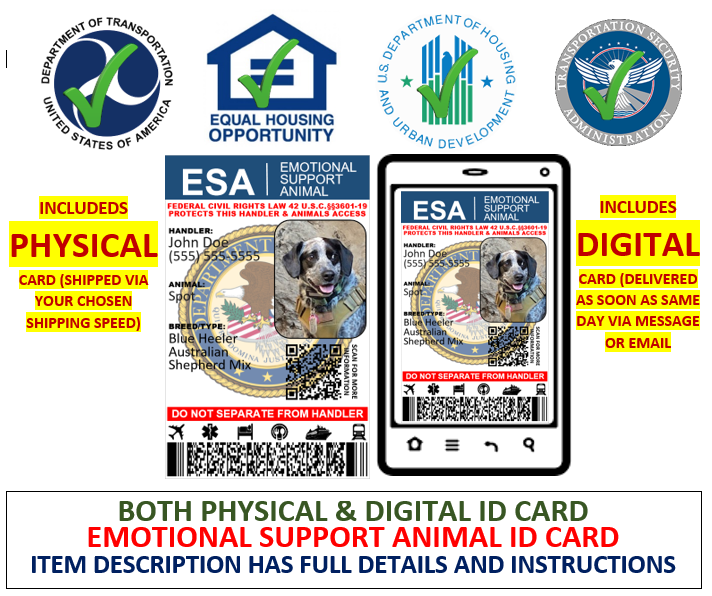 EMOTIONAL SUPPORT ANIMAL ID CARD ESA PHYSICAL & DIGITAL CUSTOMIZABLE 2 SIDED