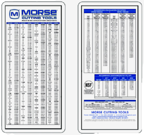 Morse Decimal Machinist Pocket Chart Drill Guide and Tap Sizes Plastic 1005