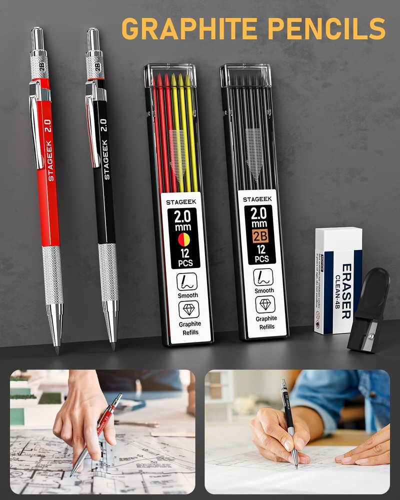 17 Pack Mechanical Carpenter Pencil Set with Sharpener 40 Refills, Automatic Cen