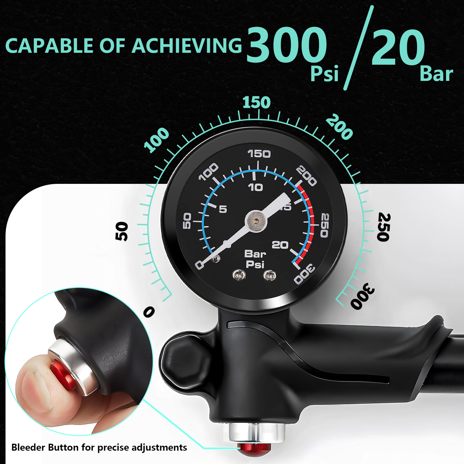 300PSI Bicycle Rear Shock/Air Fork Pump Pressure Gauge Aluminum Schrader​ Valve